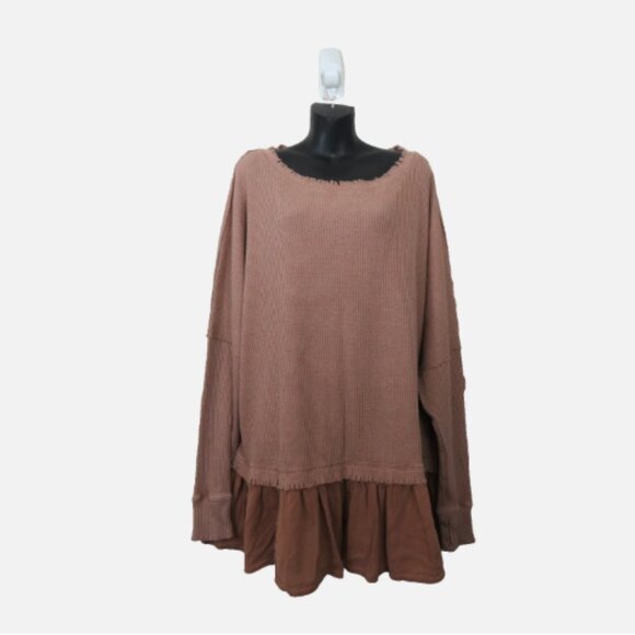 Free People Size Small Waffle Knit Tunic Top Ruffle Hem Relaxed Tan - Picture 1 of 6
